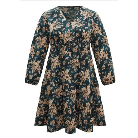 BloomChic Floral V Neck Long Lantern Sleeve Smocked Waist Mini Dress Sz 12 (Larg - Picture 13 of 16